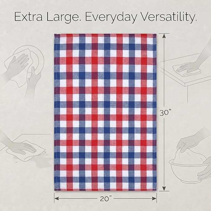 Urban Villa July 4th KitchenTowels Red/Blue/White DishTowels 100% Cotton (Set of 6) 20X30 Inches Buffalo Checks Highly Absorbent Soft Durable Reusable & Washable Kitchen Towels