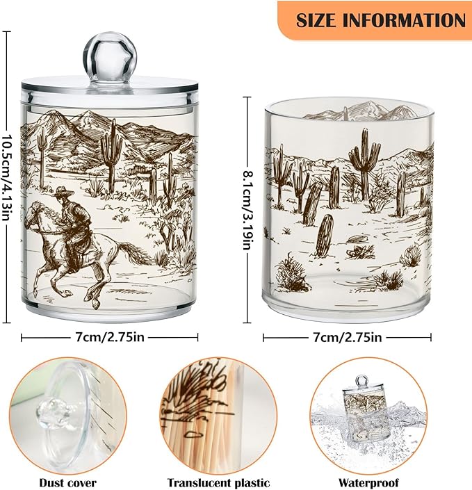 Blueangle 2 Pack Western Desert Cowboy Qtip Holder Dispenser for Cotton Ball, Cotton Swab - Plastic Apothecary Jar Set for Bathroom Canister Storage Organization