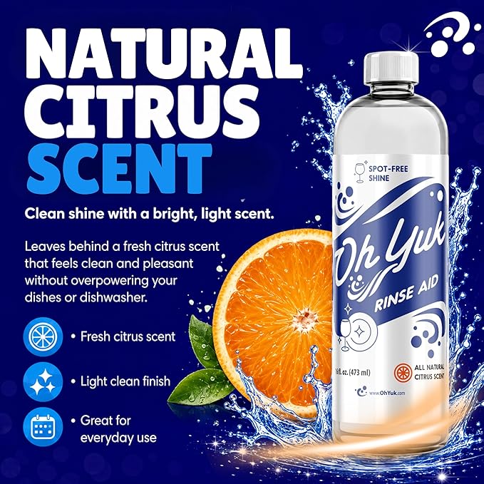 Oh Yuk Dishwasher Rinse Aid Liquid, Dishwasher Drying Agent for Spot-Free Shine, Liquid Rinse Aid for Dishes, Glasses & Silverware, Helps Reduce Water Spots & Improve Drying, Citrus Scent