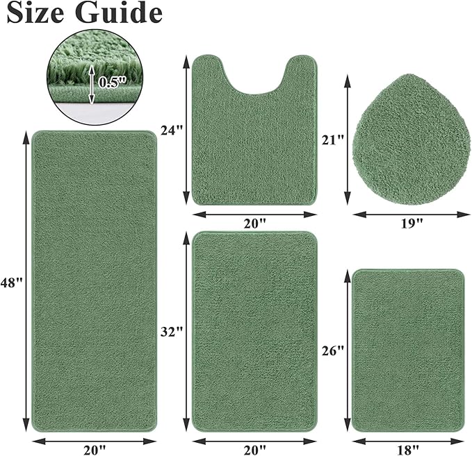 SHACOS Sage Green 5 Pieces Bathroom Rugs Set with Toilet Lid Cover Ultra Soft Absorbent Microfiber Bath Mat U Shape Contour Rug for Bathroom, Non Slip Machine Washable Bath Runner Rugs for Bedroom