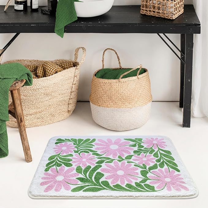 SHIYUE Cute Flower Bath Mat for Bathroom Rugs, Ultra Soft and Fluffy Microfiber Water Absorption Non Slip Mat for Bedroom Kitchen Bathroom Toilet Floors(18"×26" Green Pink)
