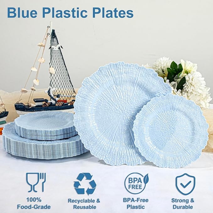 DaYammi 60Pcs Blue Plastic Plates - Light Blue Pates Disposable & Reusable - Heavy Duty Plastic Plates for Party Including 30 Dinner Plate,30 Dessert Plate for Weddings, Birthdays, Dinner Parties