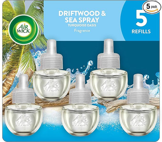 Air Wick Plug in Scented Oil, 5 Refills, Driftwood & Sea Spray (Turquoise Oasis), (5x0.67 Ounce), Essential Oils, Air Freshener, Packaging May Vary
