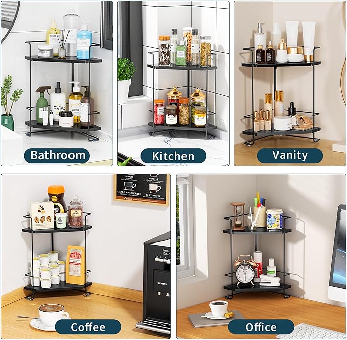 BOIVSHI Bathroom Organizer Countertop, 2-Tier Bathroom Organizers and Storage for Bathroom Countertop, Kitchen Counter, Corner Storage Shelf for Storage, Skincare, Perfume, Makeup (Black)