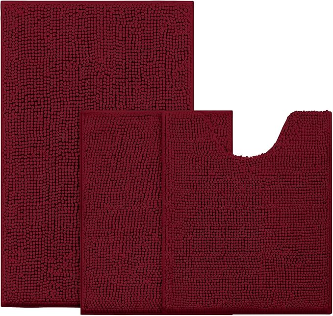 BYSURE Burgundy Red Bathroom Rugs Sets 3 Piece Non Slip Extra Absorbent Plush Chenille Soft Washable Bath Mats