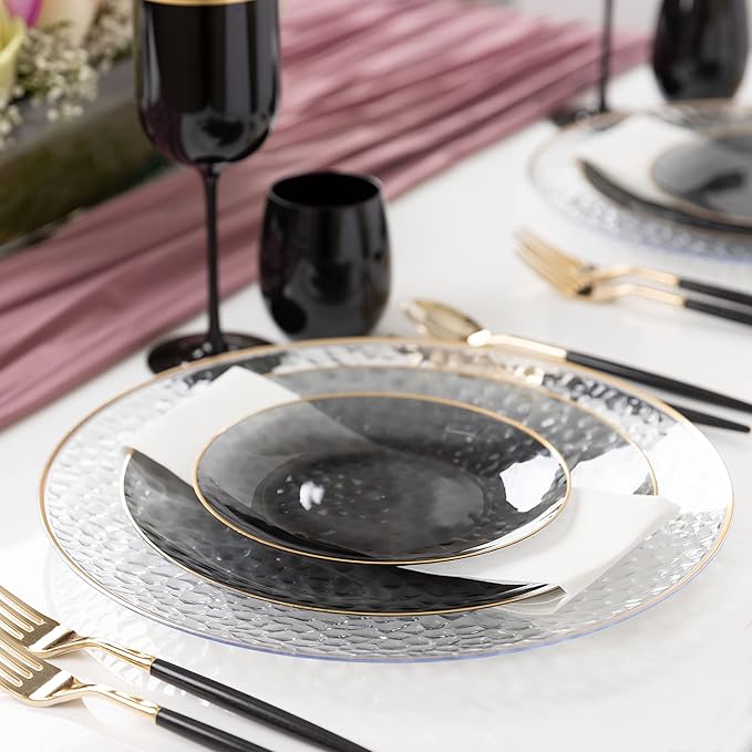 PLASTICPRO 30 Pack Heavyweight Disposable Plastic Plates - Elegant Transparent Black With Gold Rim, 9'' INCH PLATES