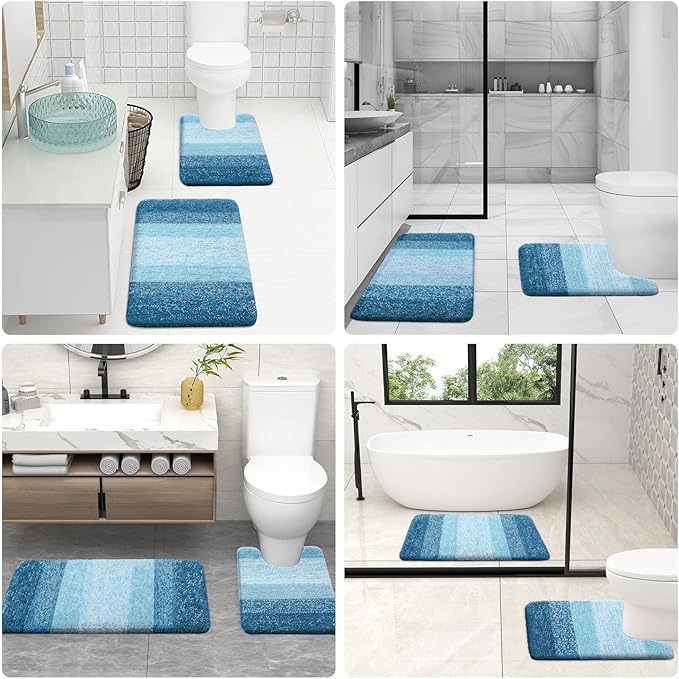 OLANLY Bathroom Rugs Sets 3 Piece, Soft Absorbent Microfiber Bath Mats and U-Shaped Contour Toilet Rug, Plush Shaggy Bath Mat Set for Bathroom (30"x20"+24"x16"+24"x20", Peacock Blue)