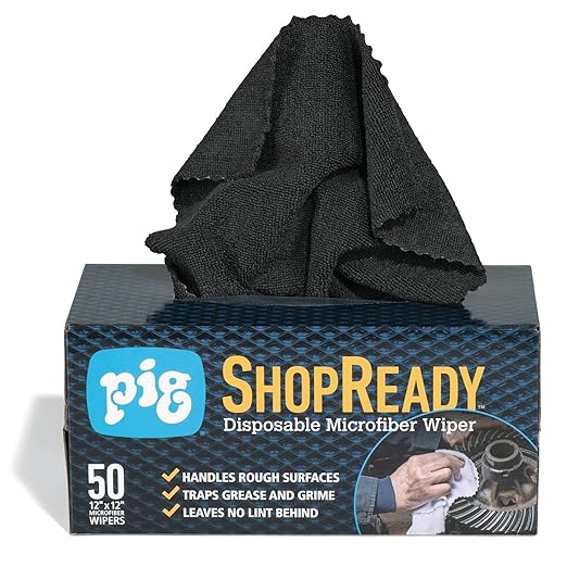 PIG ShopReady Microfiber Wipers| Durable Low-Lint Microfiber Rags | 50 per Box | 12" W x 12" L | Black | PM50808-BK