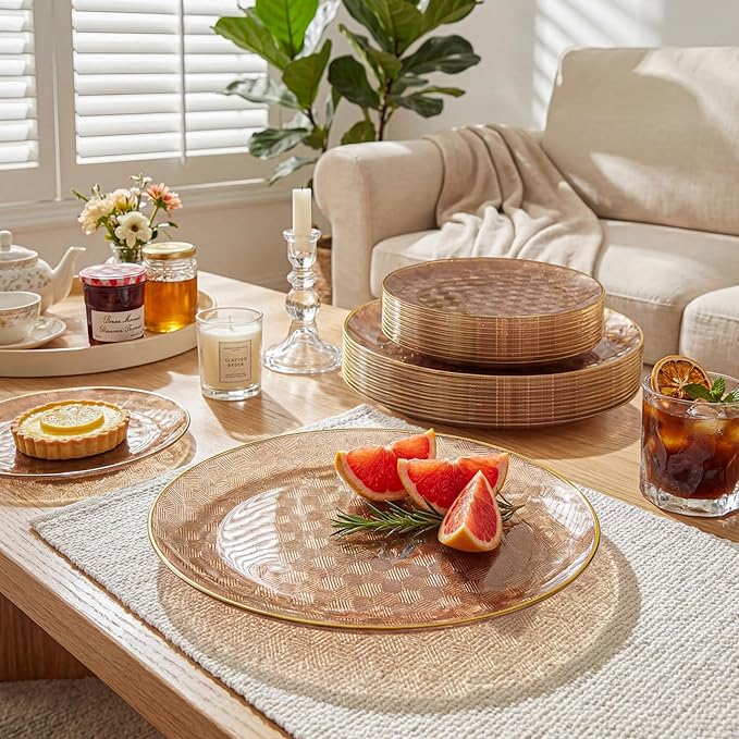 Festiva 60PCS Clear Brown Gold Plastic Plates - Heavy Duty Brown Disposable Plates With Gold Rim -serve for 30 guests Include Each 30PCS 10.25"&7.5" Honeycomb Design Plates for Party(Mocha Mousse)