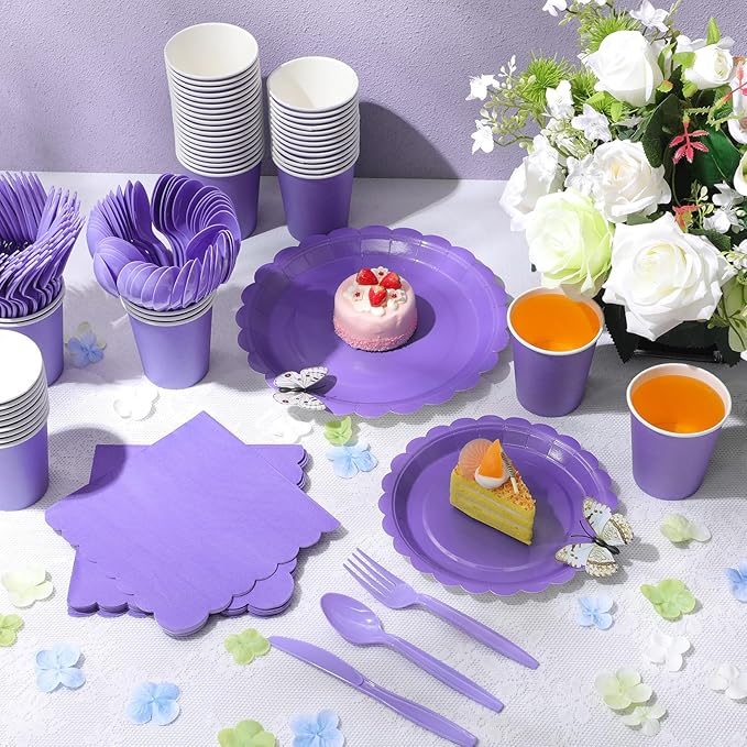 Ziliny 350 Pcs Purple Plates and Napkins, 50 Guest Lavender Party Supplies Include Scalloped Paper Plates Napkins Cups Plastic Spoons Forks Knives Disposable Tableware Set for Baby Shower