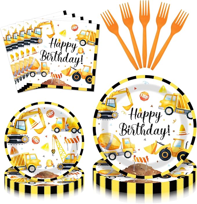 100 Pieces Construction Birthday Party Tableware Set – Truck Disposable Plates, Napkins and Forks, Excavator Dump Truck Party Supplies for Boys Birthday and Construction Theme Decorations