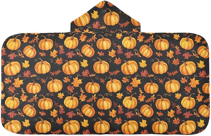 Kids Hooded Beach Towel Autumn Pumpkin Fall Maple Leaf Thanksgiving Hooded Boys Girls Towel Soft Bath Towels with Hood