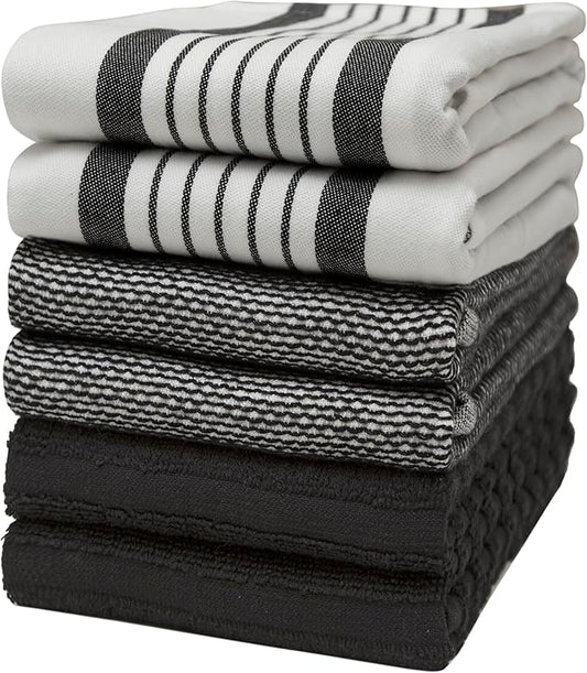 Premium Kitchen Towels (20”x 28”, 6 Pack) | Large Cotton Dish Towels | Flat & Terry Highly Absorbent Kitchen Linen Set with Hanging Loop | Black Striped