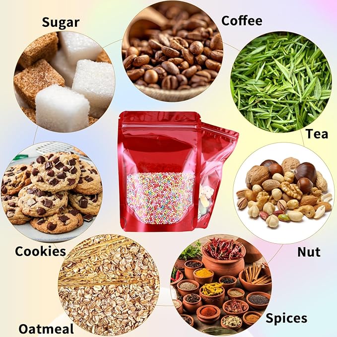 150 Pcs Mylar Bags for Food Storage, 5x8 Mylar Bag with Window Stand Up, Small Holographic Resealable Bags Smell Proof Bag Food Packaging for Small Business Freeze Dried Candy Jewelry Foil Packaging