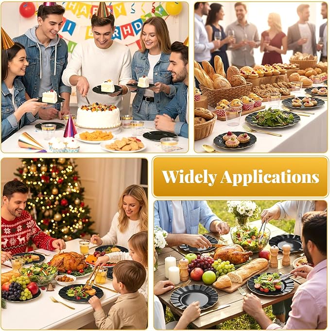175 Plastic Dinnerware Set Party Supplies Disposable Dinnerware for 25 Guests Include 50 Plastic Plates,25 Silverware Set 25 Cups 25 Napkins Plastic Plates for Graduation Party Wedding（Black and Gold）