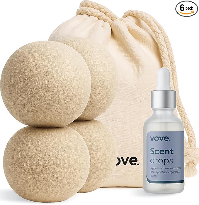 Vove Natural Hemp Dryer Balls Kit with Scent Drops - 4 Pack & Essential Oil Blend - 5X More Absorbent Than Wool - Natural Softener, Reduces Wrinkles and Static, Customizable Fresh Scent, Reusable