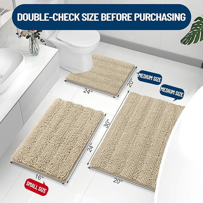Grandaily Chenille Striped Bathroom Rugs 47x32, Extra Thick and Absorbent Bath Mats, Non-Slip Soft Plush Shaggy Shower Carpet, Machine Wash Dry, Bath Rug for Bathroom, Beige