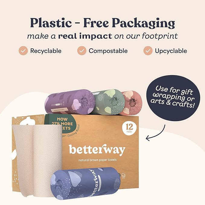 Betterway Bamboo Paper Towels 12 Pack - Unbleached, Non Toxic, PFAS Free - 140 Sheets/Roll, 2-Ply, No Plastic, No Dyes, Eco Friendly, Compostable, Sustainable, FSC Certified, Natural Brown