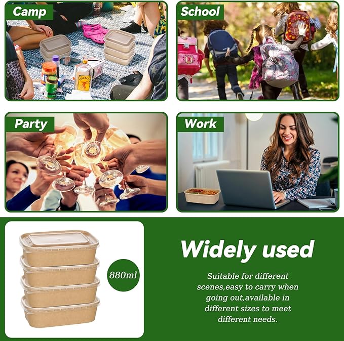 50-Pack 29oz Disposable Kraft Paper Bowls【with Lids and Forks】,Meal Prep Containers Disposable Togo Food Deli Containers for Restaurant Supplies Take Out Containers, Microwave Safe for Hot/Cold Food