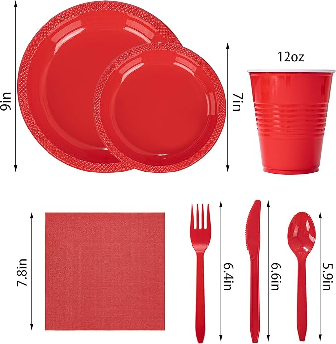 WELLIFE 210 PCS Red Plastic Plates for 30 Guests - Disposable Dinnerware Set Including Dinner Plates, Dessert Plates, 12oz Cups, Cutlery & Napkins, Red Disposable Plates for Valentines