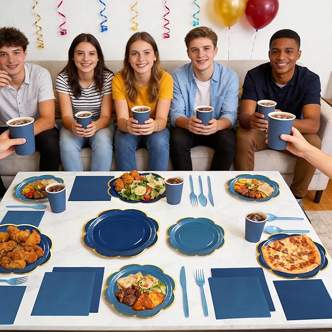 Navy Blue Paper Plates and Napkins Party Supplies for 50 Guest, 350Pcs Blue Scalloped Party Plate with Gold Rim, Blue Disposable Plates Set for Graduation Birthday Party Baby Shower Gender Reveal