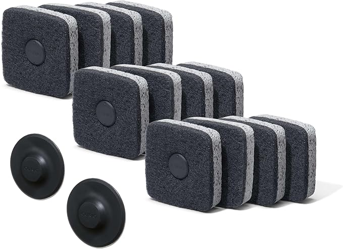 Curio Home Goods Ionic Non-Scratch Kitchen Sponge with Magnetized Holder, Dual Sided Cellulose and Scrub Pad, 12 Pack, Black/Grey