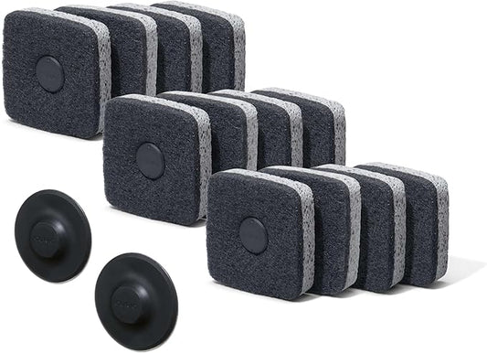 Curio Home Goods Ionic Non-Scratch Kitchen Sponge with Magnetized Holder, Dual Sided Cellulose and Scrub Pad, 12 Pack, Black/Grey