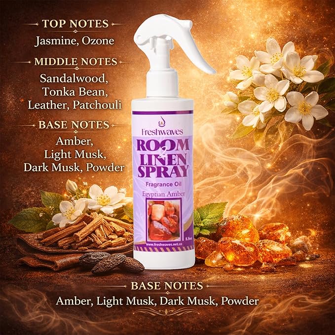 Freshwaves Egyptian Amber Air Freshener Spray | Room Spray Odor Eliminator | Home Fragrance for Living Room | Bedroom | Restroom & Office | 8.8oz White Trigger Spray