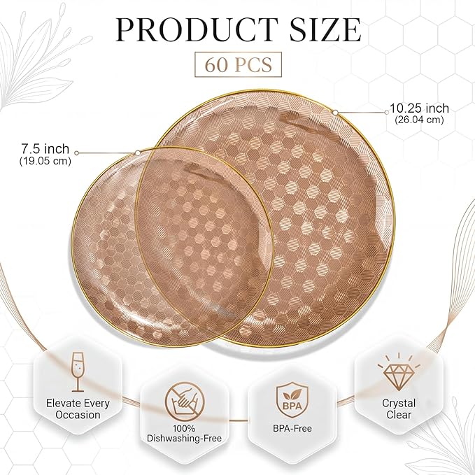 Festiva 60PCS Clear Brown Gold Plastic Plates - Heavy Duty Brown Disposable Plates With Gold Rim -serve for 30 guests Include Each 30PCS 10.25"&7.5" Honeycomb Design Plates for Party(Mocha Mousse)