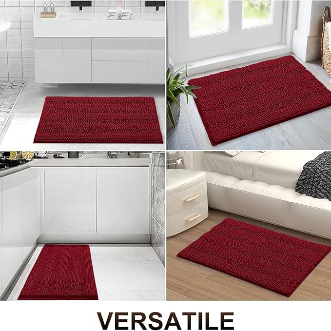 Grandaily Chenille Striped Bathroom Rugs 30x20, Extra Thick and Absorbent Bath Mats, Non-Slip Soft Plush Shaggy Shower Carpet, Machine Wash Dry, Bath Rug for Bathroom, (Medium, Red)