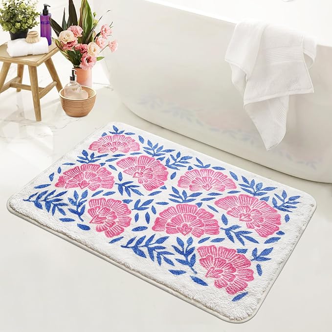 SHIYUE Cute Bath Mat for Bathroom Rugs, Ultra Soft and Fluffy Microfiber Water Absorption Non Slip Mat for Bedroom Kitchen Bathroom Toilet Floors(21"×30" Pink Flower)