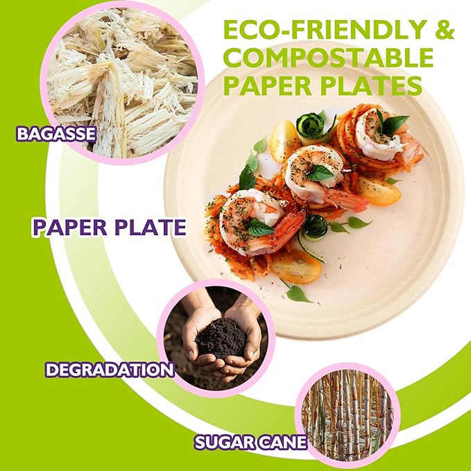 10 Inch, 150 Pack Compostable Paper Plates Round Unbleached Brown Plates Made from Natural Sugarcane Fibers, Biodegradable Heavy Duty Disposable Plates for Party, Camping, Picnic