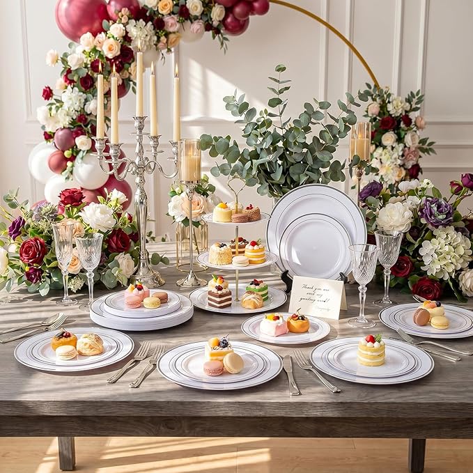 I00000 102pcs Silver Plastic Plates, Disposable Plastic Party Plates with White Silver Rim Fancy Wedding Party Plates Include 51 Dinner Plates 10.25" and 51 Dessert Appetizer Plates 7.5"