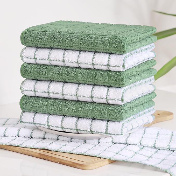 Homaxy Premium Cotton Kitchen Towels 16"x 28", Large Natural Ring Spun 390 GSM Dish Towels, Super Absorbent Terry Kitchen Hand Towels, Soft Tea Towels with Hanging Loop, Grass Green Design, 4 Pack