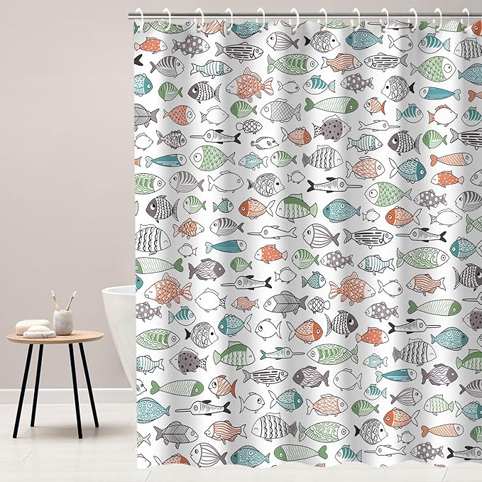 RosieLily Colorful Fishes Shower Curtain, Kids Shower Curtains Set with 12 Hooks, Waterproof Shower Curtain for Bathroom, 72 x 78 Inch, Cartoon Fun Fishes Ocean Animals Bath Curtains