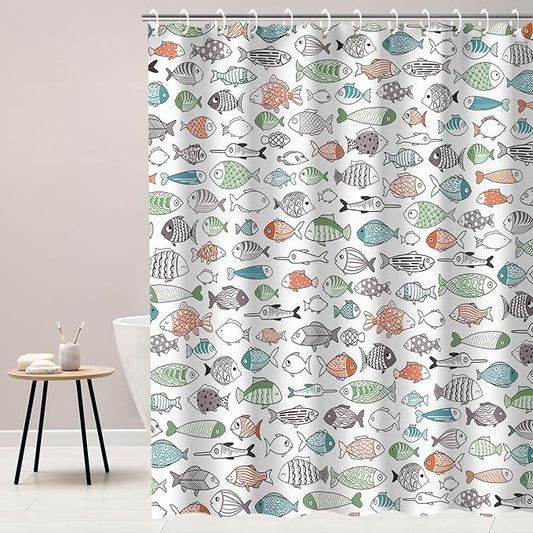 RosieLily Colorful Fishes Shower Curtain, Kids Shower Curtains Set with 12 Hooks, Waterproof Shower Curtain for Bathroom, 72 x 78 Inch, Cartoon Fun Fishes Ocean Animals Bath Curtains