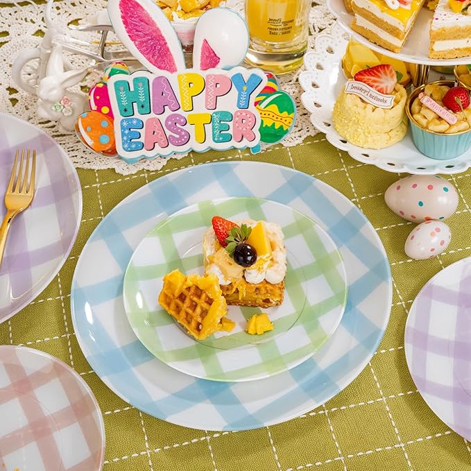 Liacere 32PCS Colorful Gingham Plastic Plates - Pink Green Gingham Plastic Plates Purple Blue 4 Colors Disposable Tableware Party Wedding Spring Holiday Supplies＆Summer ＆ Easter Day