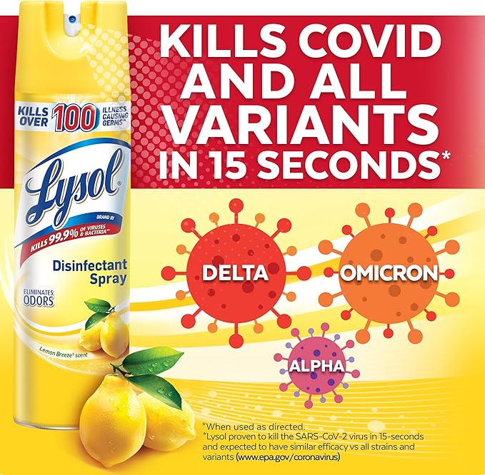 Lysol Disinfectant Spray, Household Cleaning Supplies, Disinfecting Multi-Purpose Room Spray, Antibacterial Sanitizer, Deodorizer, Kills Hantavirus, Lemon Breeze, 19 Fl Oz