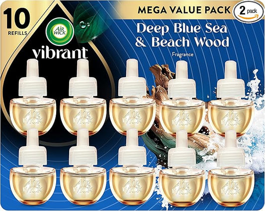 Air Wick Vibrant Air Freshener Plug Ins Scented Oil Refills, 10 Count, Deep Blue Sea & Beach Wood, Home Essentials