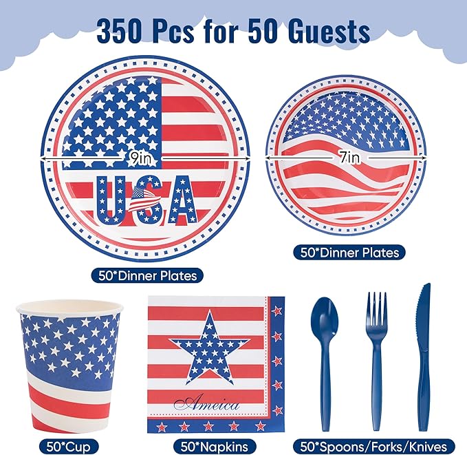 Fijinhom Patriotic Party Supplies, 350 PCS American Flag Paper Plates Set, Disposable Dinnerware Set for 50 Guests, USA Flag Paper Plates Napkins Cups Blue Plastic Forks Knives Spoons for Memorial