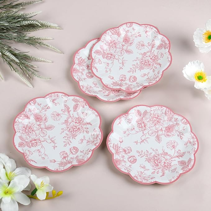 24 Pcs Pink Floral Party Plates Vintage Floral Leaf Disposable Paper Plates Wildflower Pink Toile 7" Small Scalloped Rim Dessert Plates for Valentines Birthday Bridal Tea Party Supplies