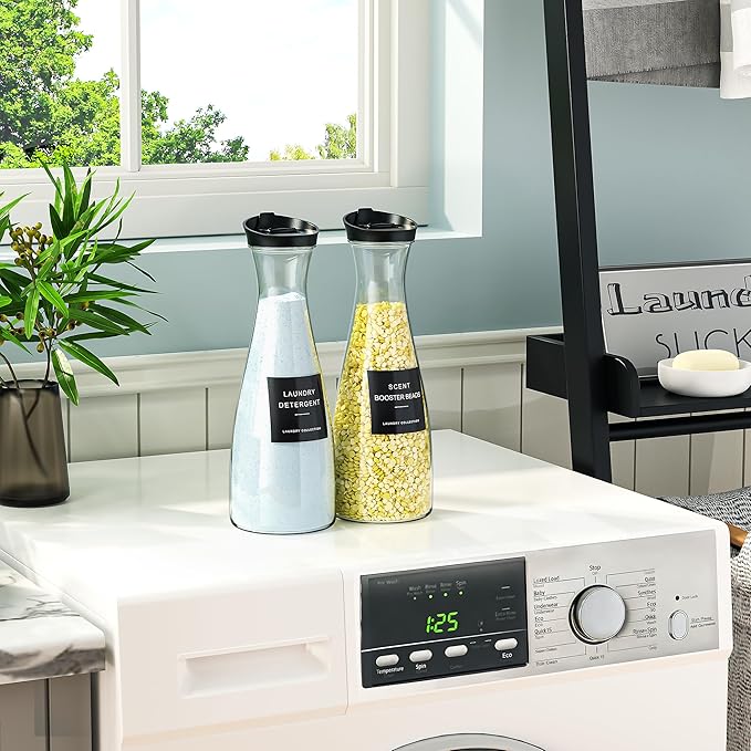 Galasily 2 Pack Laundry Detergent Dispenser Container, 54OZ Liquid Laundry Soap Dispenser with Labels, Black Laundry Room Organization for Powder, and Fabric Softener