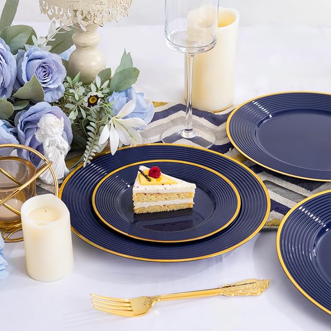 Liacere 100PCS Blue Plastic Plates - Heavy Duty Disposable Plates- Blue and Gold Plate 100PCS Dinner/Dessert Plate for Party & Graduation & Memorial Day