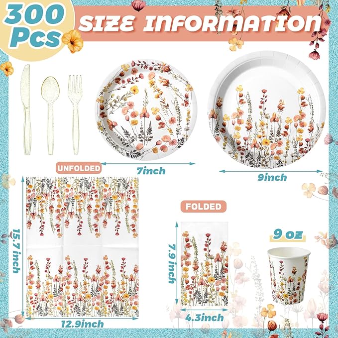 Sinmoe 400 Pcs Spring Plates and Napkins Set Paper Flower Dinnerware Disposable Party Supplies for 50 Guest Dinnerware Knife Fork Spoon for Spring Birthday Party(Classic Color,Flower)