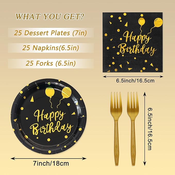 75 Pcs Happy Birthday Paper Plates,Serves 25 Guests Black Gold Plates and Napkins with Gold Forks,Disposable Paper Tableware Set for Birthday Party Decorations