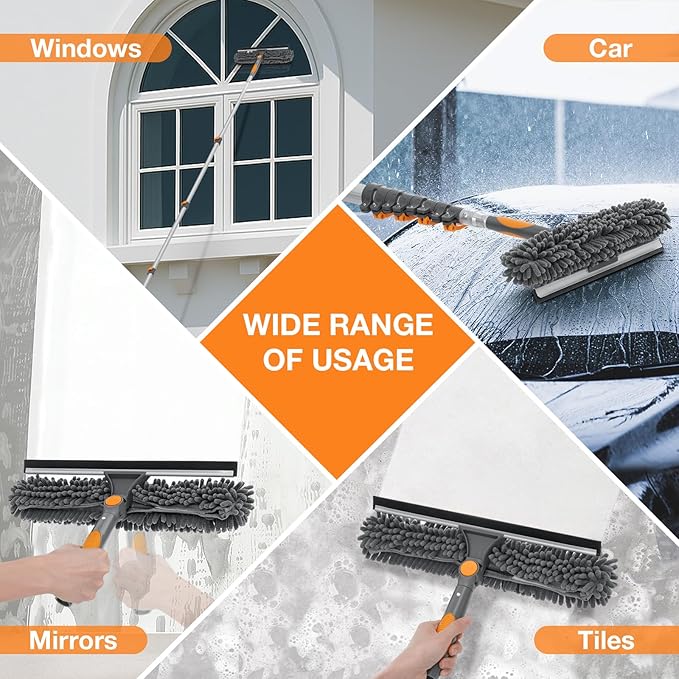 26Ft Window Squeegee with 5-19 FT Extension Poles, 2-in-1 Window Cleaning Kit with Telescopic Pole, Extra-Large 14" Window Squeegee Window Cleaner Tool with Adjustable Head, for High Window, Glass, RV
