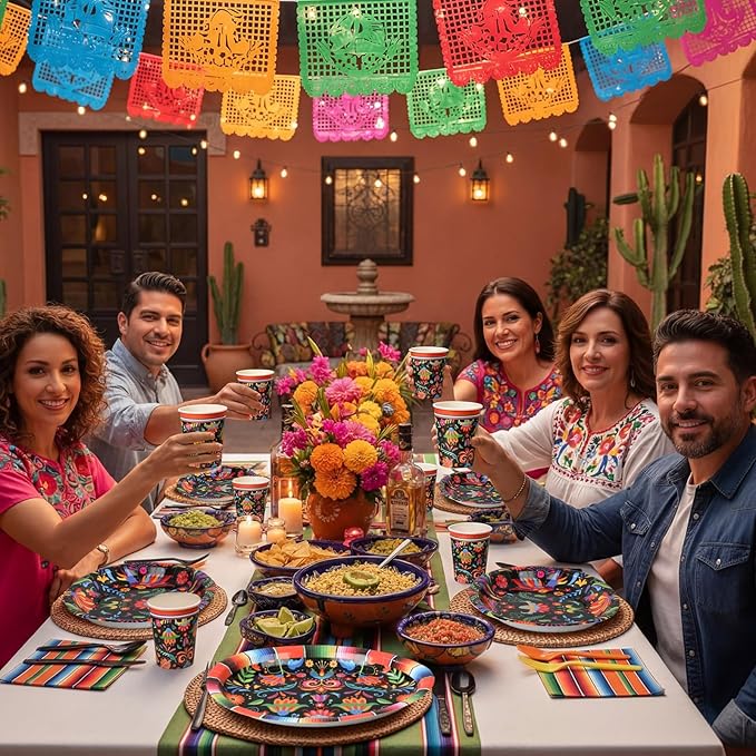 Havawish 350 Pcs Mexican Party Supplies Fiesta Disposable Tableware Set Flower Serape Stripe Oval Paper Plates Cups Napkins Fork Knife Spoon Dinnerware for Cinco De Mayo Mexico Table Decor
