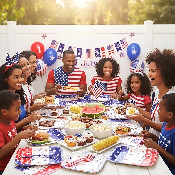 Patriotic Plates and Napkins,96Pcs 4th of July Tableware Set, American Flag Patriotic Party Supplies with Disposable Paper Plates, Napkins,Forks for 250th Anniversary Independence Day,Serves 24