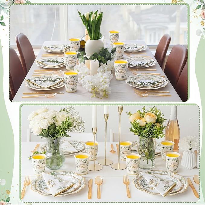 Pickmesh 400 Pcs Sage Green Birthday Plates and Napkins Set, Paper Plates and Cups with Plastic Cutlery, Disposable Tableware for Birthday Party and Celebrations