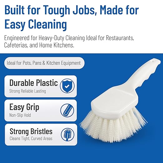 SPARTA Flo-Pac 8" Utility Scrub Brush with 2" Nylon Bristles, Plastic Pistol Grip Handle, Commercial Handheld Cleaning Brush, White (Pack of 12)